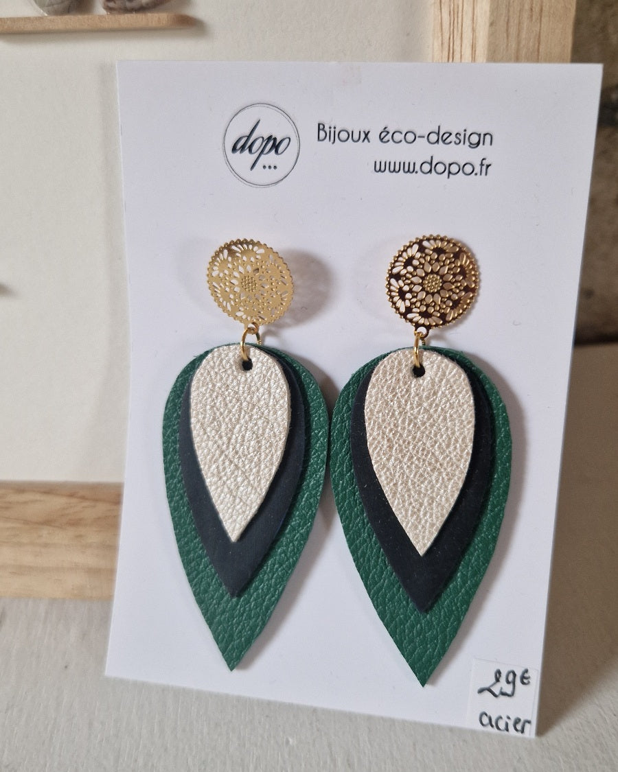 Boucles d'oreille en cuir vert et nacre Olivia