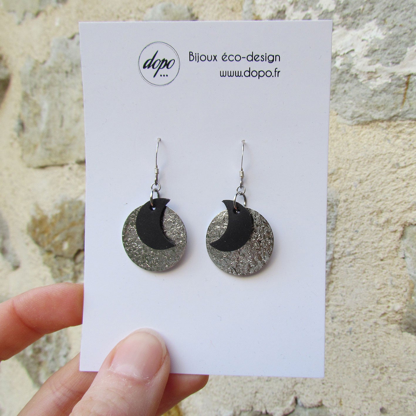 Boucles d'oreille lune noir lune pleine argent