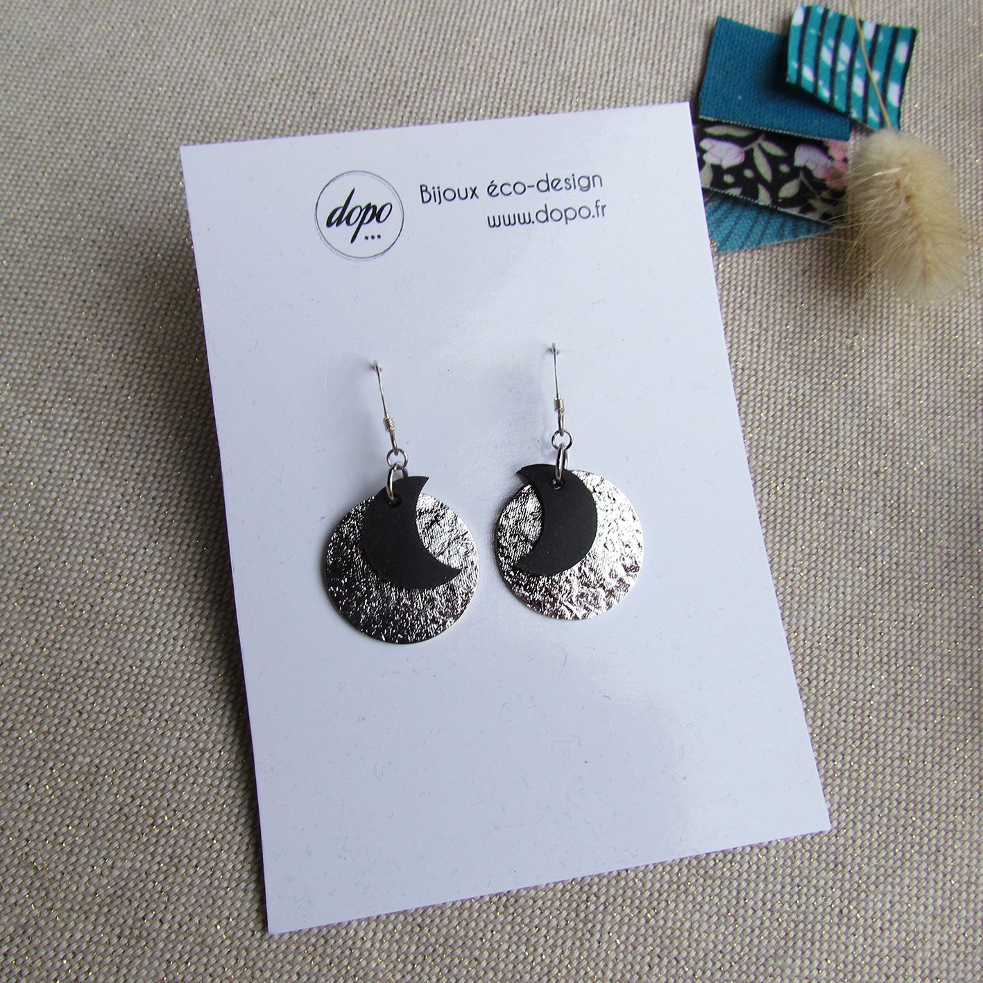 Boucles d'oreille lune noir lune pleine argent