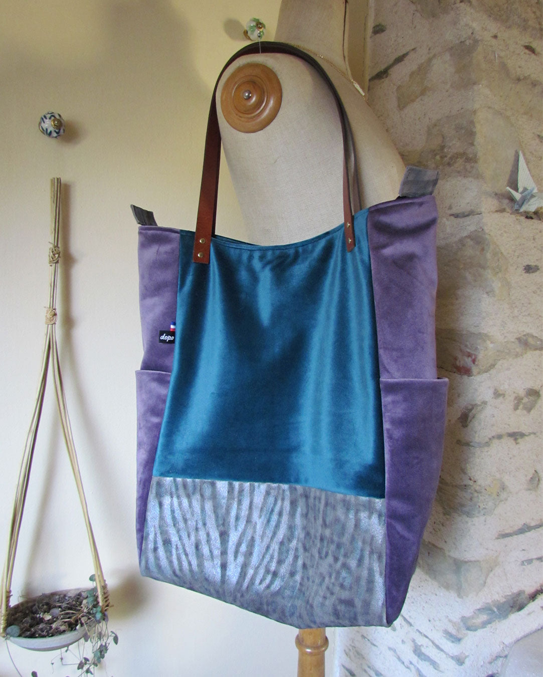 Sac cabas en velours ras violet et bleu / Dopo