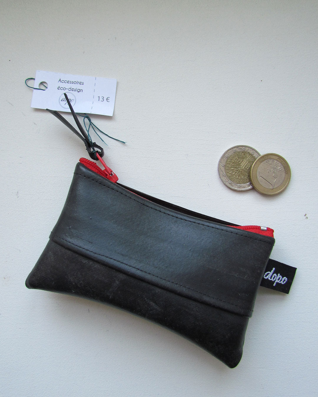 Porte monnaie homme en chambre à air recycléet zip rouge / Dopo
