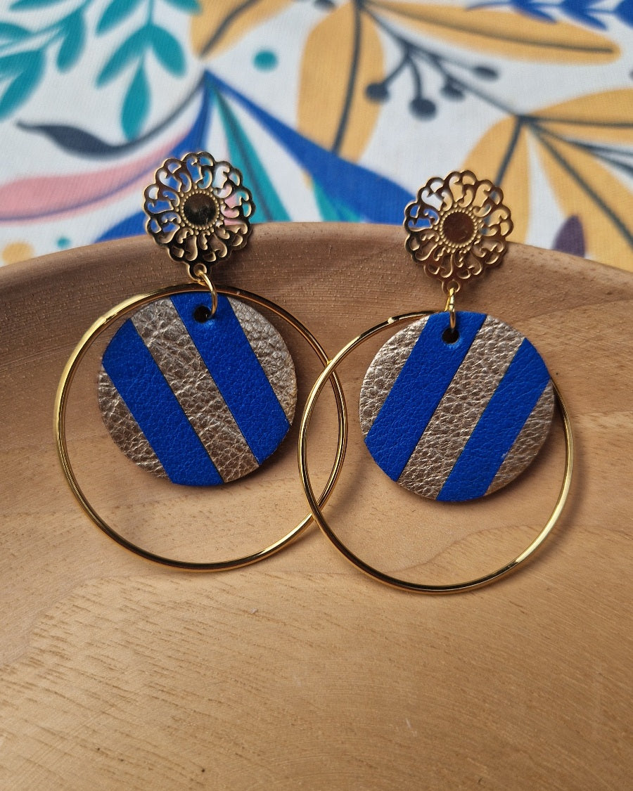 Boucles d’oreille puces marinière or et bleu rondes