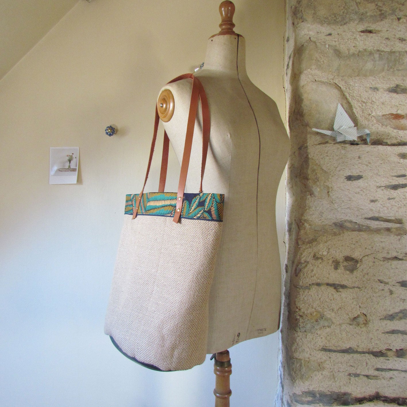 Sac cabas en jute et cuir vert émeraude / Dopo