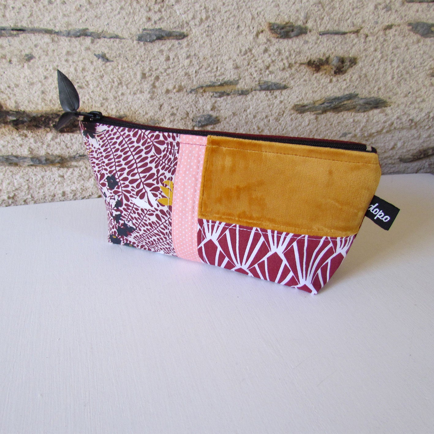 Grande trousse en patchwork moutarde et bordeaux