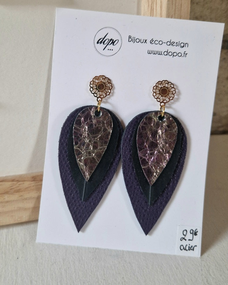 Boucles d'oreille en cuir violet et chambre à air de vélo Olivia