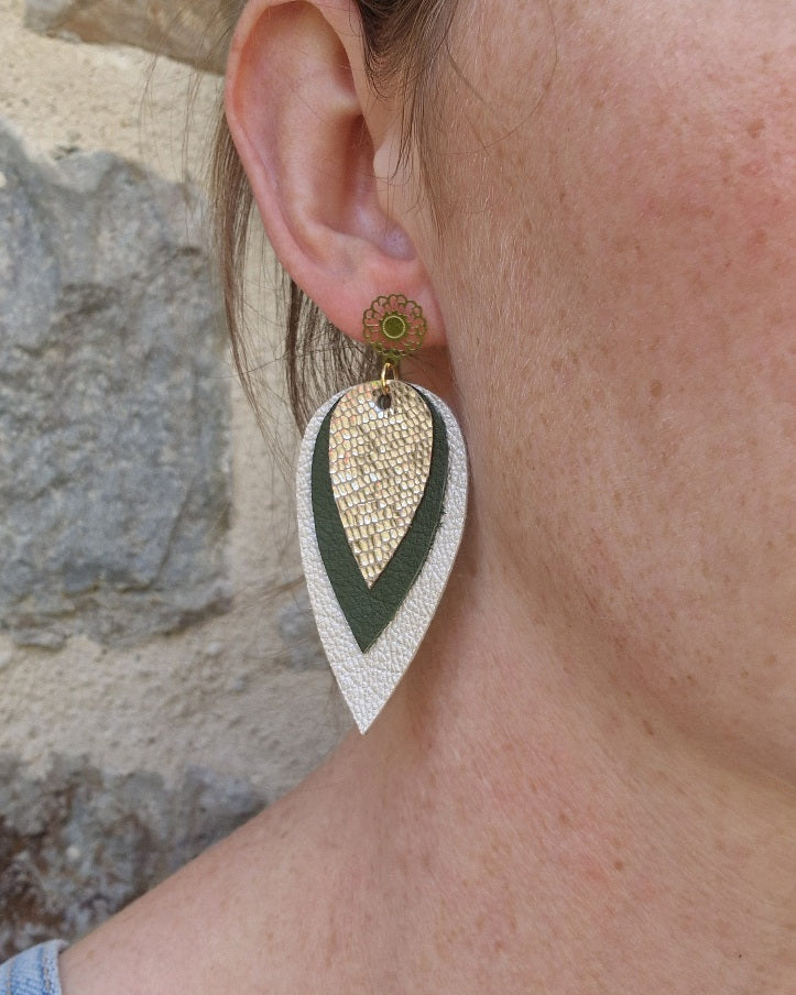 Boucles d'oreille en cuir or et nacre Olivia