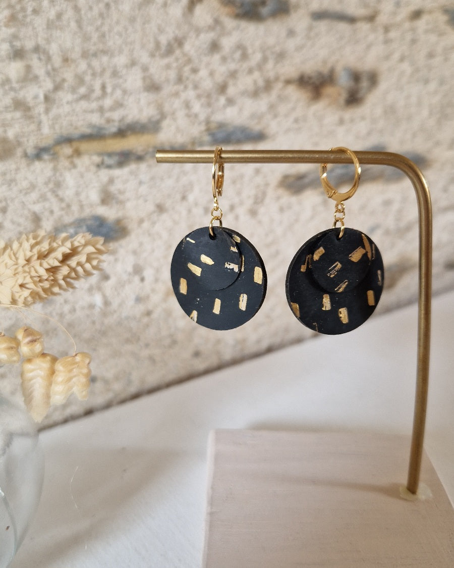 Boucles d'oreille rondes noir à pois or