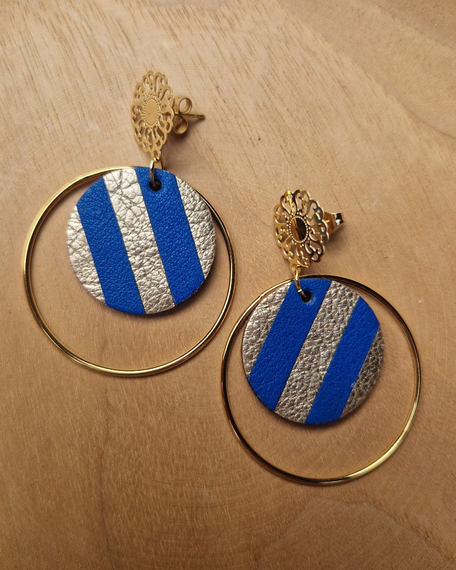 Boucles d’oreille puces marinière or et bleu rondes