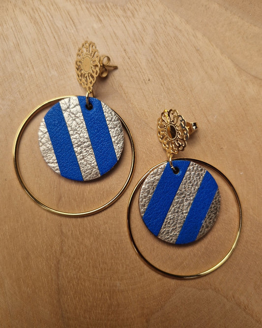 Boucles d’oreille puces marinière or et bleu rondes