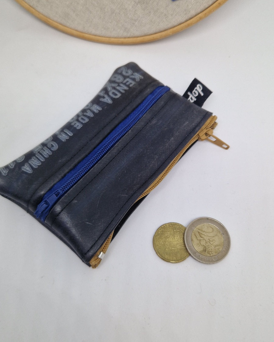 Porte monnaie en chambre à air double poches bleu