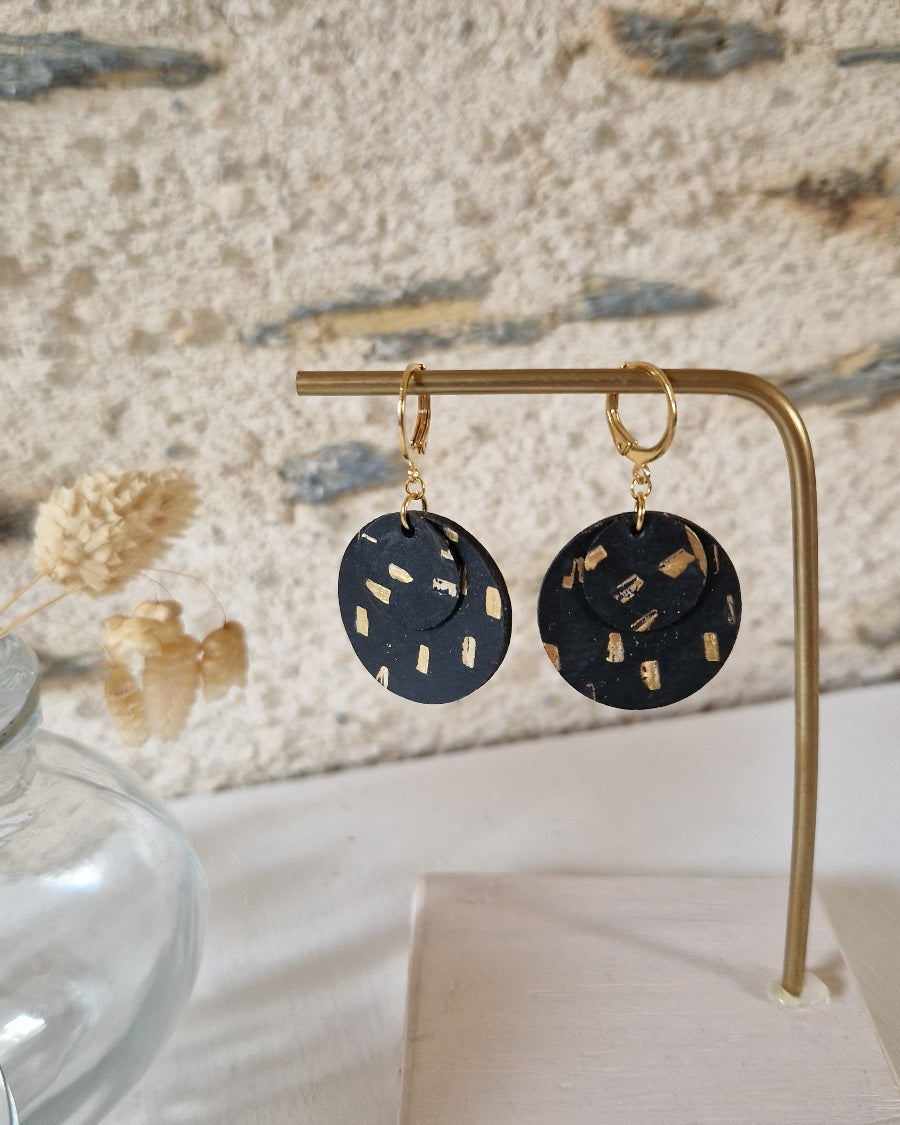 Boucles d'oreille rondes noir à pois or