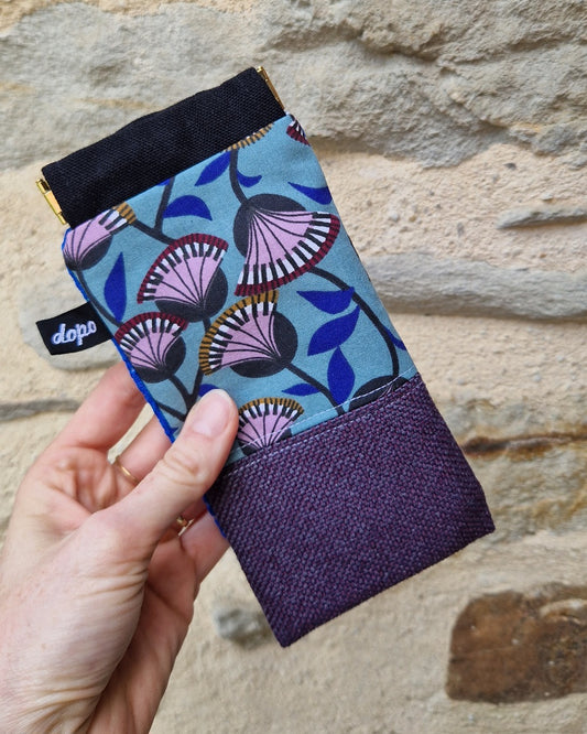 Etui a lunettes en tissu violet et bleu